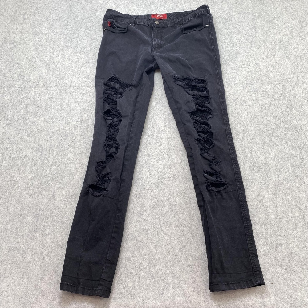 Royal Bones Juniors 13 Skinny Jeans (33x29) Black Mesh Distressed Gothic Punk